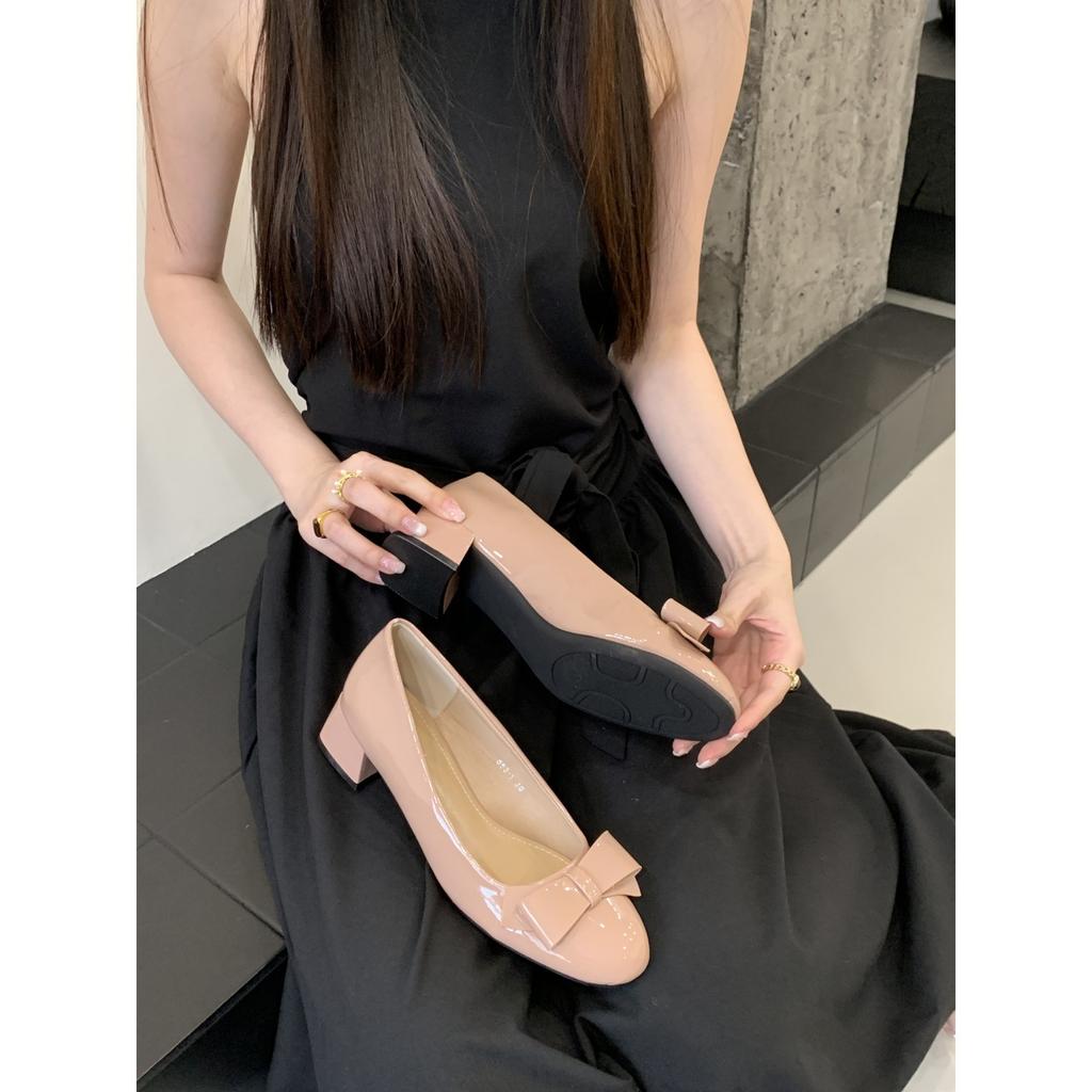 French Round Head Thick Heel Bow Single Shoes Women's 2025 Autumn New Temperament Covered Ancient Fairy Style Patent Leather High Heels