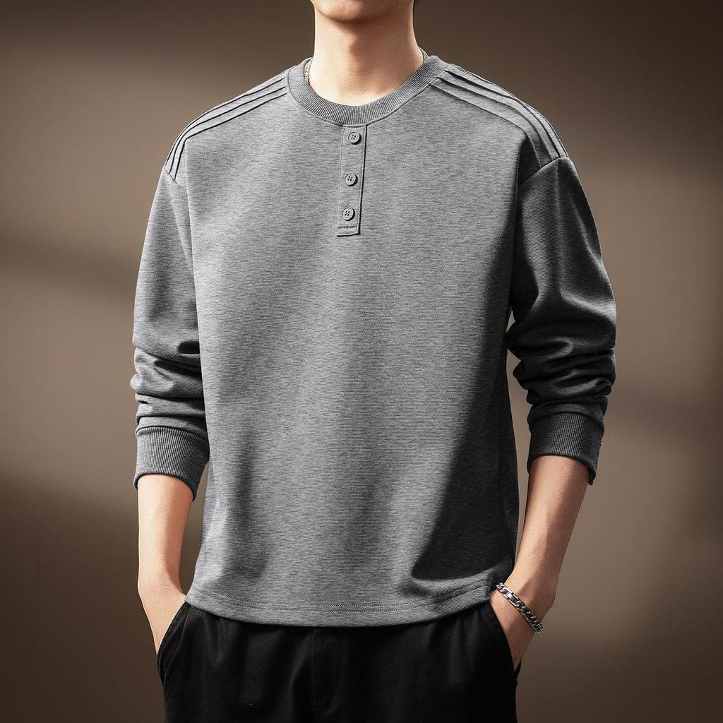 Luxury 300g Heavyweight Men's Henley Collar Pleated Hoodie - Autumn American Trend T-Shirt with Long Sleeves
