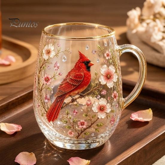 Blumenmuster Glasbecher Morgen-Teetasse, Kolibri-Blumenbecher mit Goldrand, Natur-Motiv Glasware für Kaffee Saft Wein Heiß Kalt