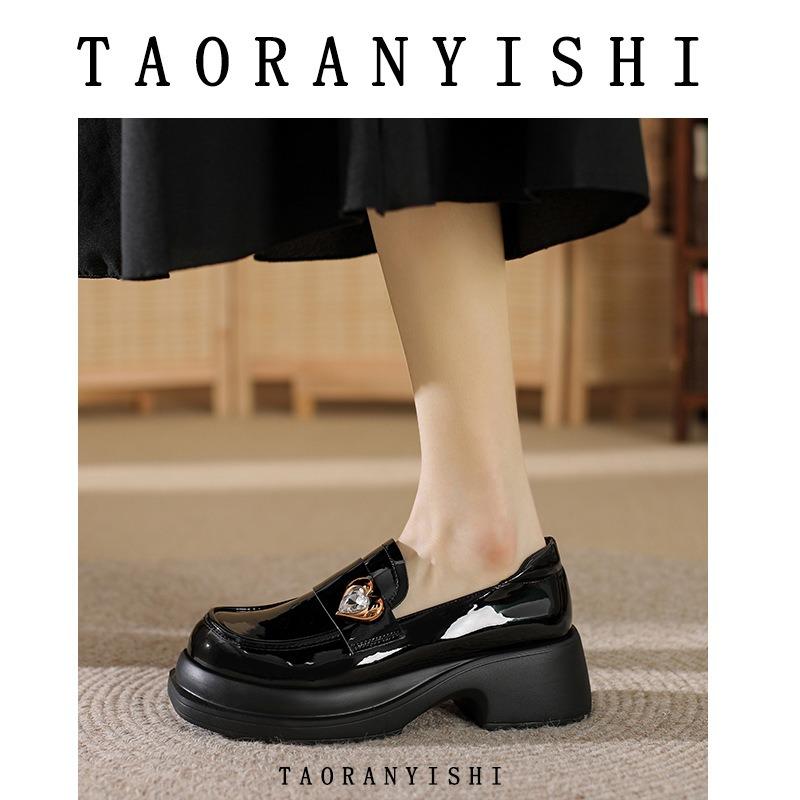 Black platform women's early spring new versatile British small leather shoes rhinestone deep mouth one pedal single shoes