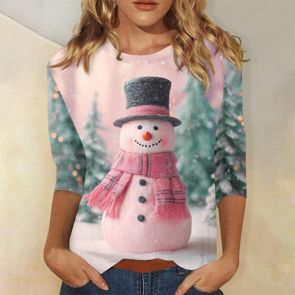 3/4 Sleeve Shirts For Women Print Christmas Tees Blouses Casual Plus Size Basic Tops Pullover