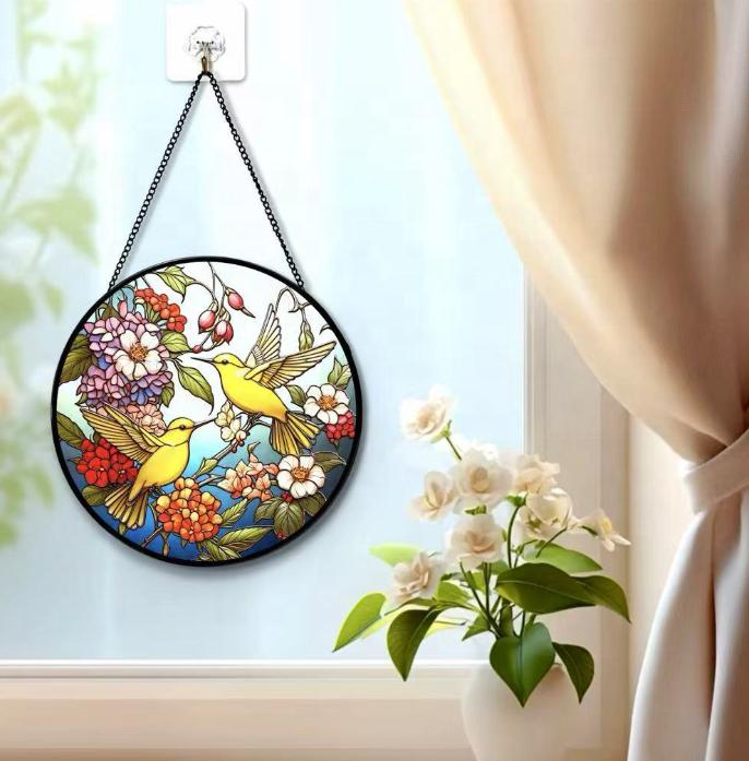 Dropshipping Colorful Hummingbird Round Stained Glass Sun Catcher Ornament Wind Chimes Colorful Wall Art Sun Catcher
