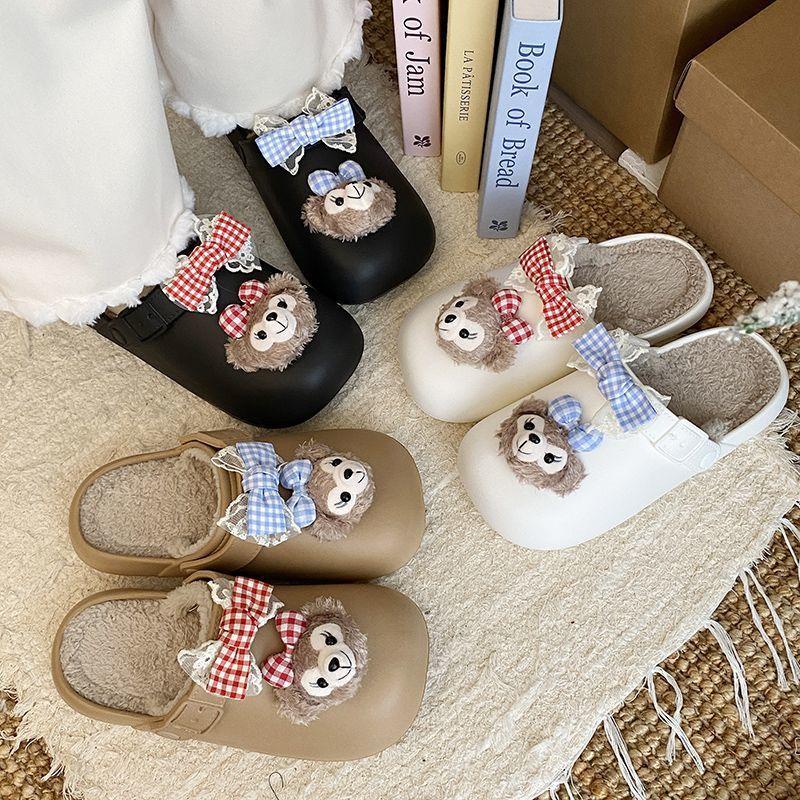 2025 autumn and winter new thick-bottomed indoor comfortable fluffy drag Shirley Mei cute cartoon waterproof bag head half slippers
