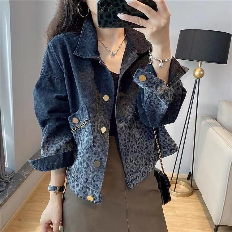 Black Retro Leopard Print Denim Jacket, Women's Fashion Short Jacket, Women's New Jacket