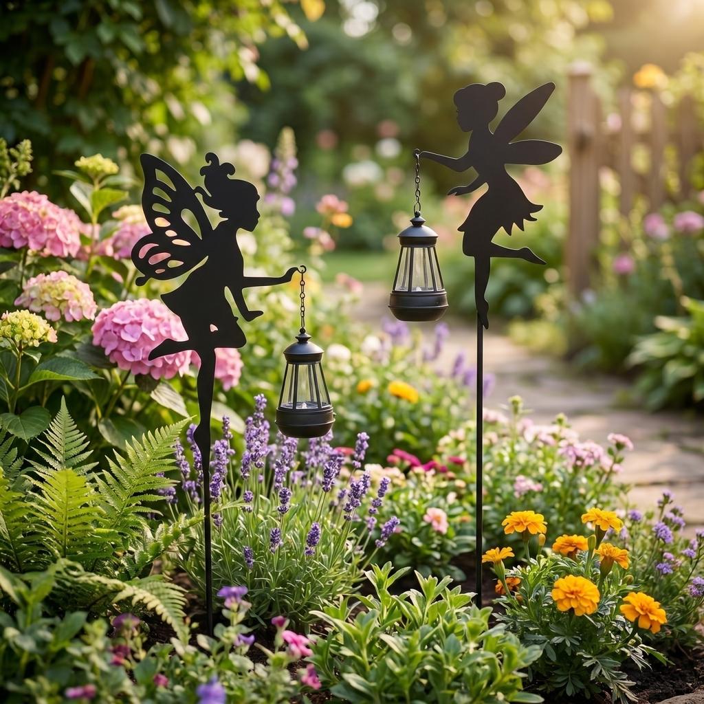 Solar Powered Outdoor Garden Fairy Stake Lights Metal Silhouette Decorative Lantern Holder for Yard Patio Lawn Pathway Lighting