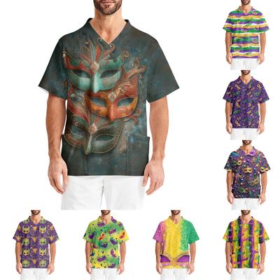 Men's Printing Short Sleeve V-neck Working Blouse Chest Pocket Carer Top