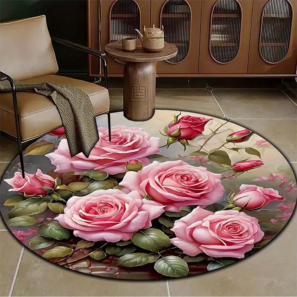 1pc Elegant Rose-Themed Circular Area Mat, Washable Polyester Floor Mat with Lush Floral Design for Living Room, Bedroom, Kitche