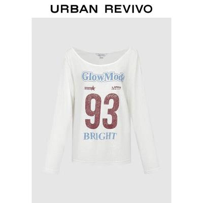 T-shirt à manches longues color-block rétro avec lettres pour femme UR