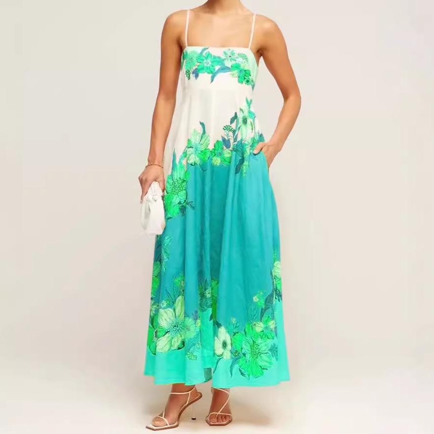 2024 Summer European & American Style Sling Elegant High-Waist Print Casual Dress