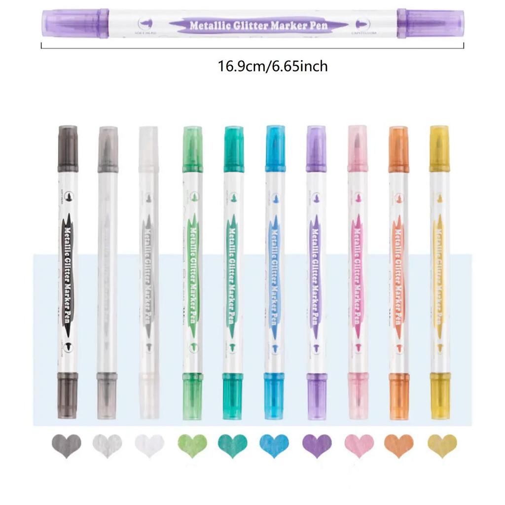 10pcs Metallic Glitter Dual Tip Marker Pens, with Brush And Fine Nibs, For Album DIY, Black Cards, Scrapbooking, Craft Supplies