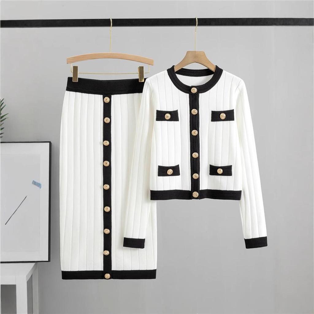 European Spring Midi Skirt & Knitted Cardigan Two-Piece Set for Women