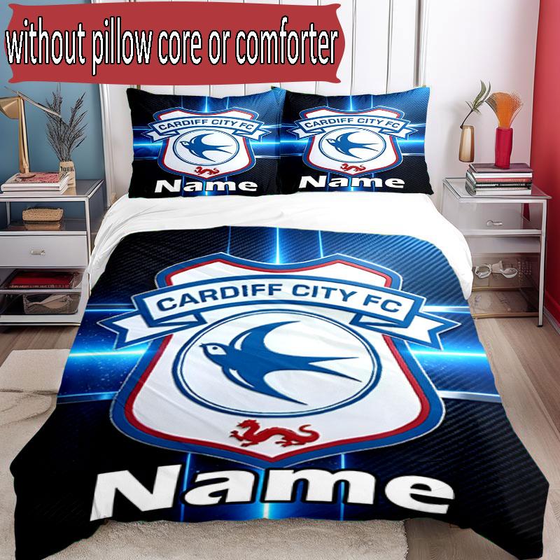 3pcs Duvet Cover Set (1*Duvet Cover + 2*Pillowcase, Without Core), Custom Name Cardiff City FC Pattern Bedding Set, Home Bedroom Decor Gift