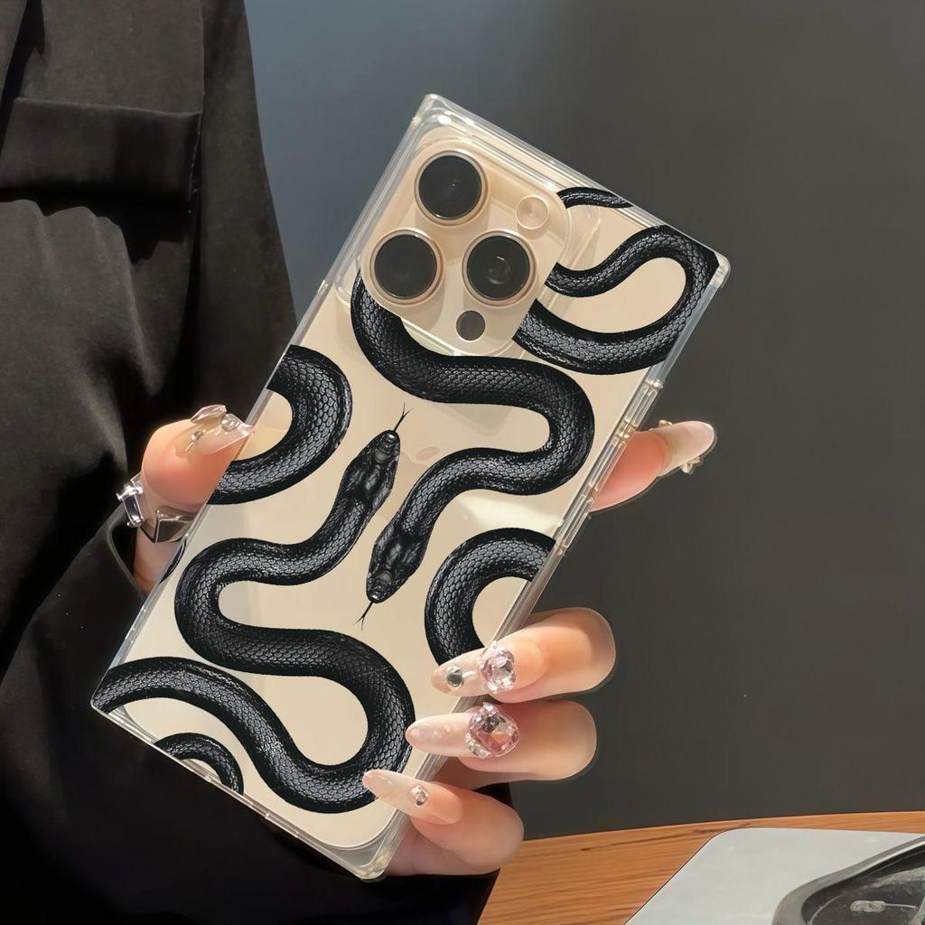 Transparent Square Back Tube Case Casing Protection For iPhone 16 ProMax 15 Plus 14 Pro Max 13 12 11 Anti-Oxygen,Black Mamba Python Pattern
