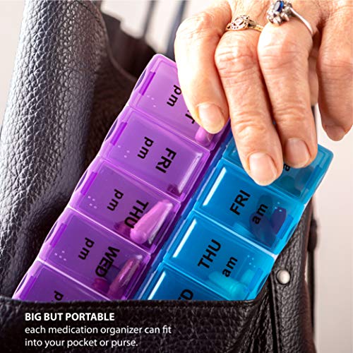 Pill Box Organizer Case, 14 Compartments, 7 Daily AM PM Slot, 2 Times a Day, Weekly dosis, Medicine Holder/Container, Ideal/Medication, Vitamin, Supp