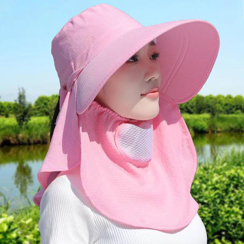 Women's Summer Wide Brim UV Protection Hat with Neck Shawl and Ponytail Tie