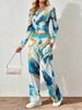 Floral pattern printed women's V-neck long-sleeved trousers set Comfortable casual versatile slim two-piece set