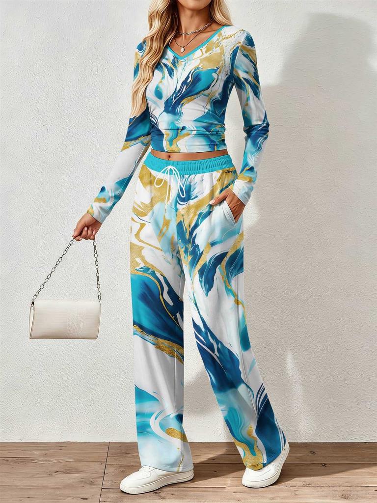 Floral pattern printed women's V-neck long-sleeved trousers set Comfortable casual versatile slim two-piece set