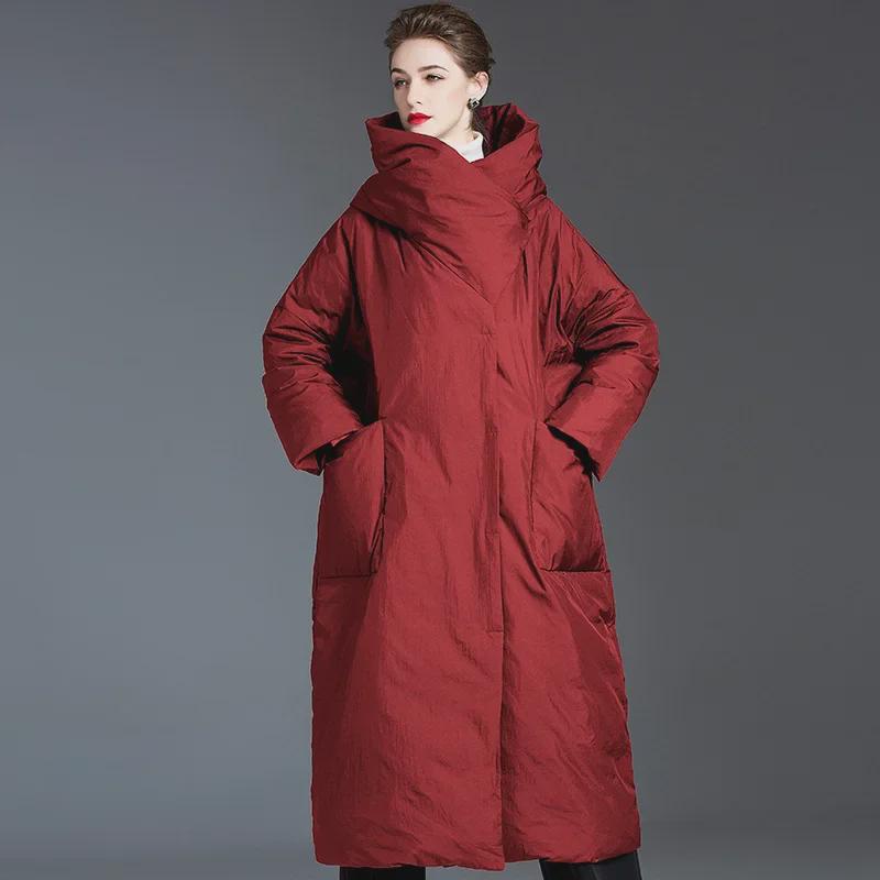 Women's 2024 Knee-Length Hooded Down Jacket - Korean Style, Thick, 90% White Duck Down