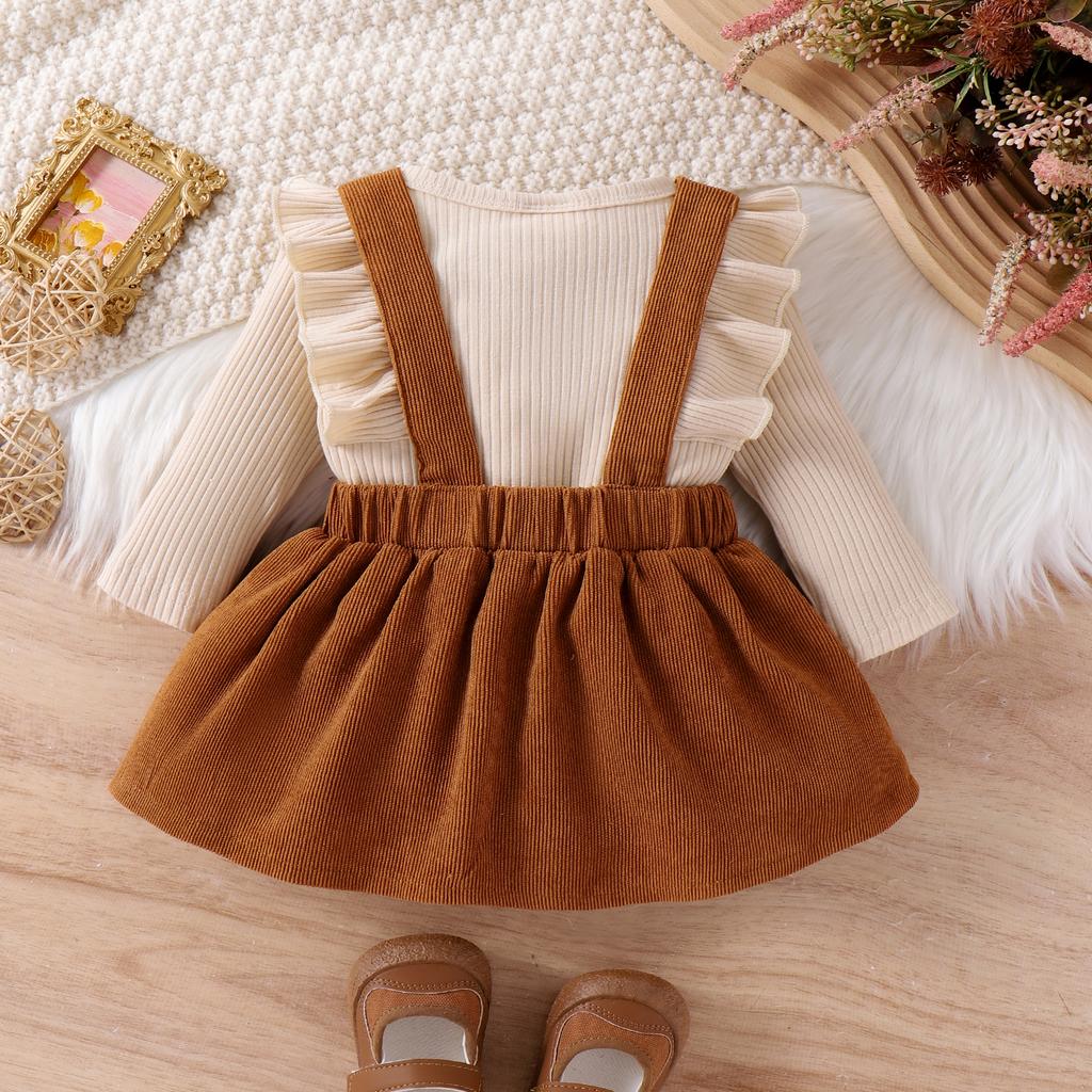2PCS Autumn New Style For 0-1 Year Old Girls, Comfortable Simple And Fashionable Long-Sleeved Suit + Coffee Strap Skirt