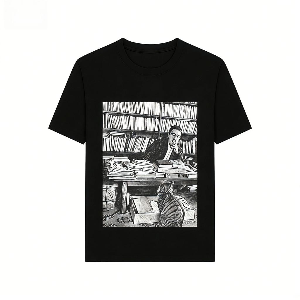 T-shirt Artistica Universale a Maniche Corte da Uomo e Donna con Stampa Grafica di Yukio Mishima & Gatto Universale per Appassionati di Musica