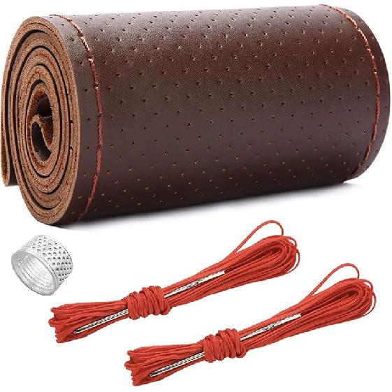 Ziciner Genuine Leather Steering Wheel Cover, Stitch On Wrap, Breathable Anti-Slip Car Steering Wheel Protector For Max Diameter 15 Inch, DIY Sewing