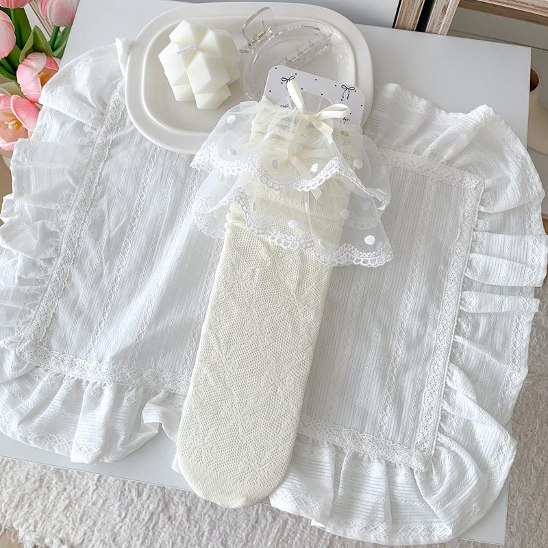 

10Pair Lace Socks Women S Spring And Summer Thin Stacking Socks Lolita Polka Dot Ballet Bow Stockings One size брудно-білий