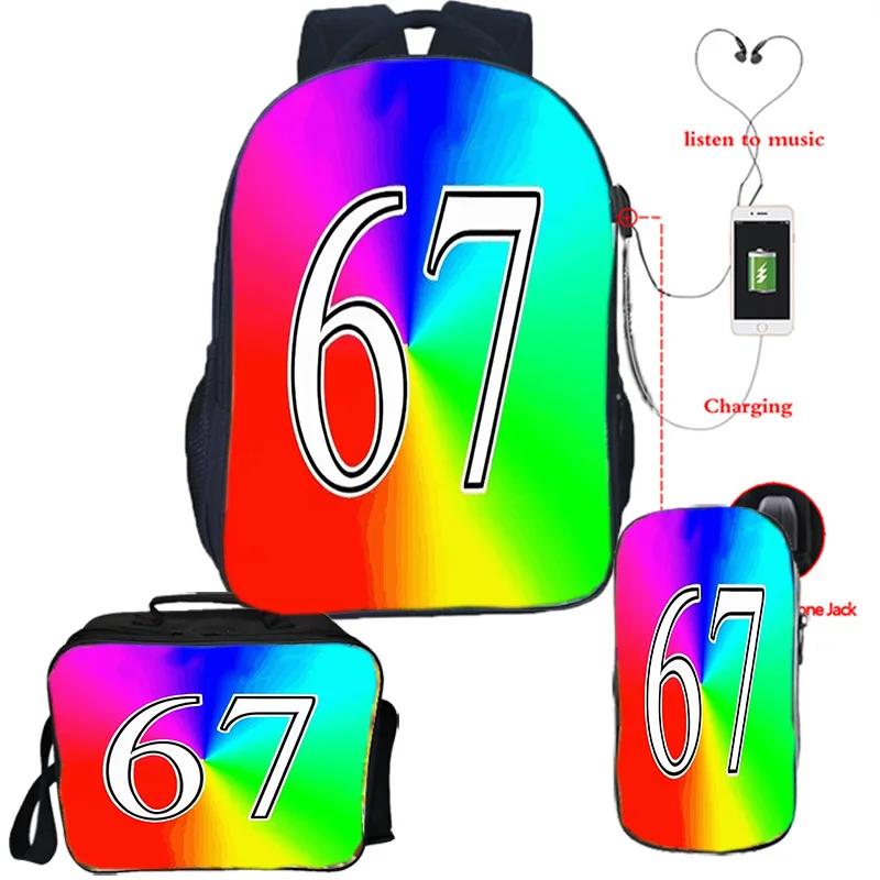 67 Zes Zeven Italiaans Hersenen Cartoon USB Oplaadbare Rugzakken Lunchtas Etui 3 stuks 67 Zes Zeven Nummer DIY Leuk Spel Rugzak 67 Six Seven It bag3
