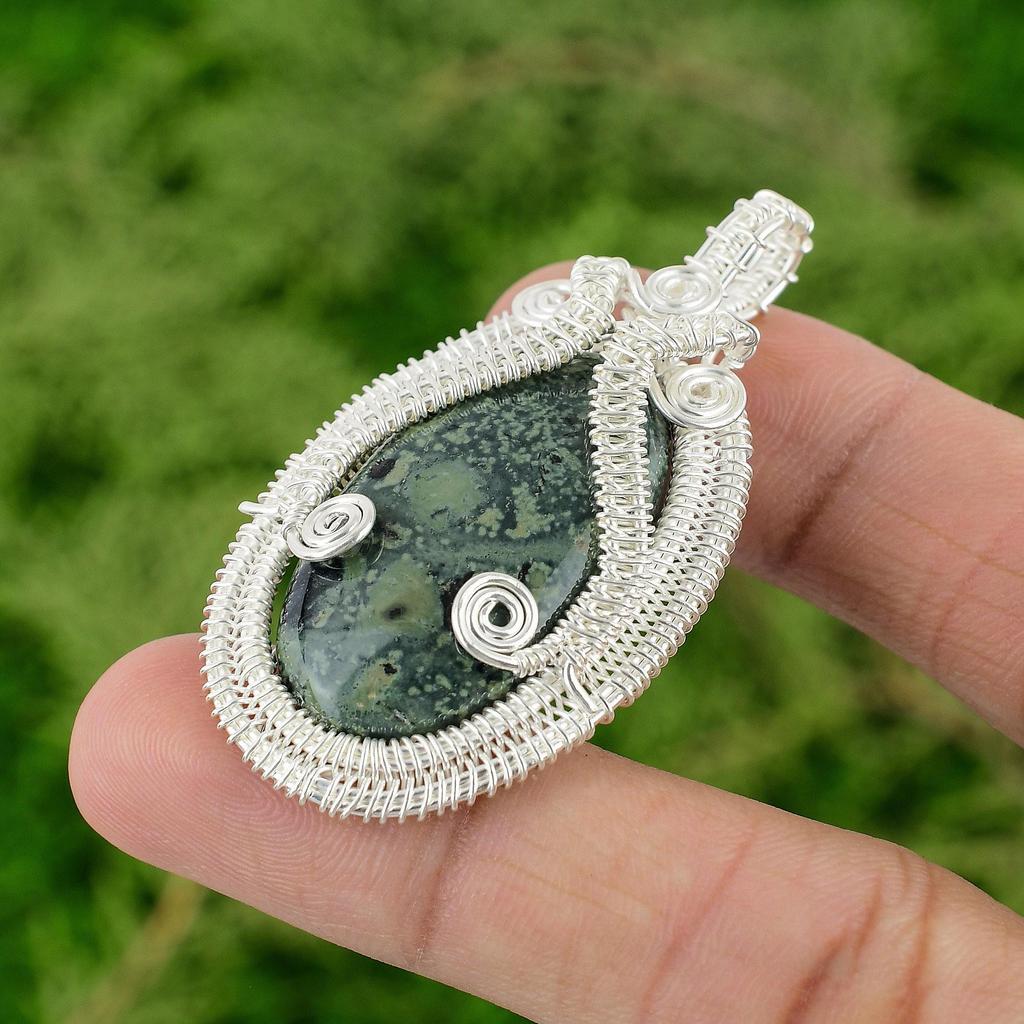 Daughters Day Sale Oval Natural Kambaba Jasper 925 Silver Wire Wrapped Pendant