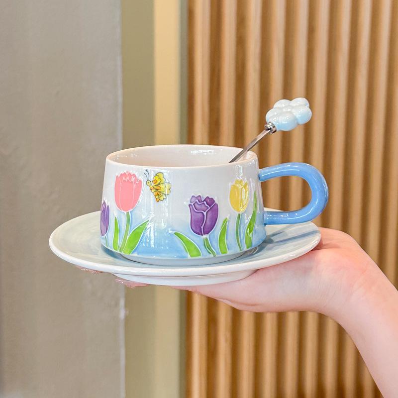Hand-painted tulip exquisite coffee cup niche high-end ceramic cup and saucer set afternoon teacup souvenir gift