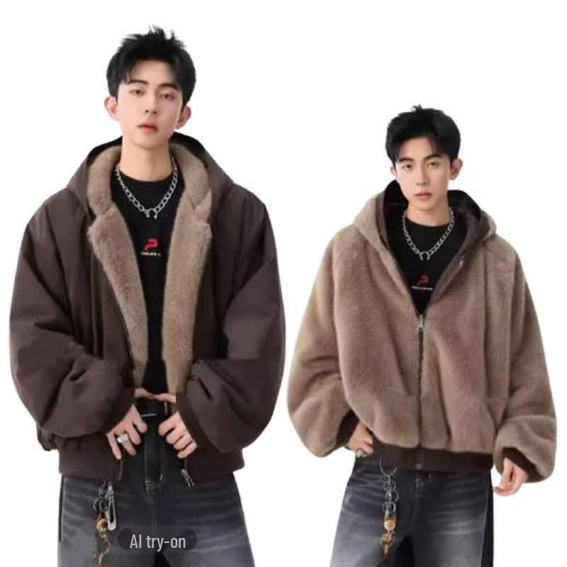 Trendy Reversible Men's Faux Rabbit Fur Cotton Jacket - Warm Hooded Winter Coat