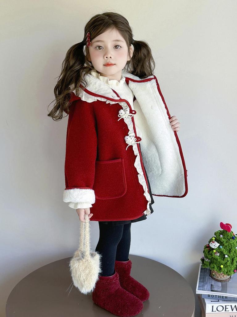 2025 Girls' Fleece Hooded Winter Woolen Coat - Fashionable & Stylish