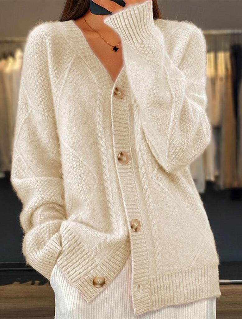 2025 Fall/Winter Women's V-Neck Long Sleeve Jacquard Knit Cardigan Sweater