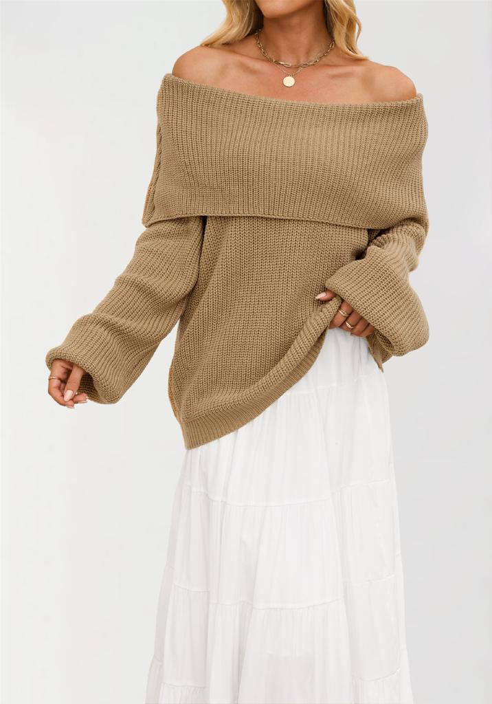 New TikTok autumn/winter European and American women's loose knit sweater pullover off-shoulder sweater