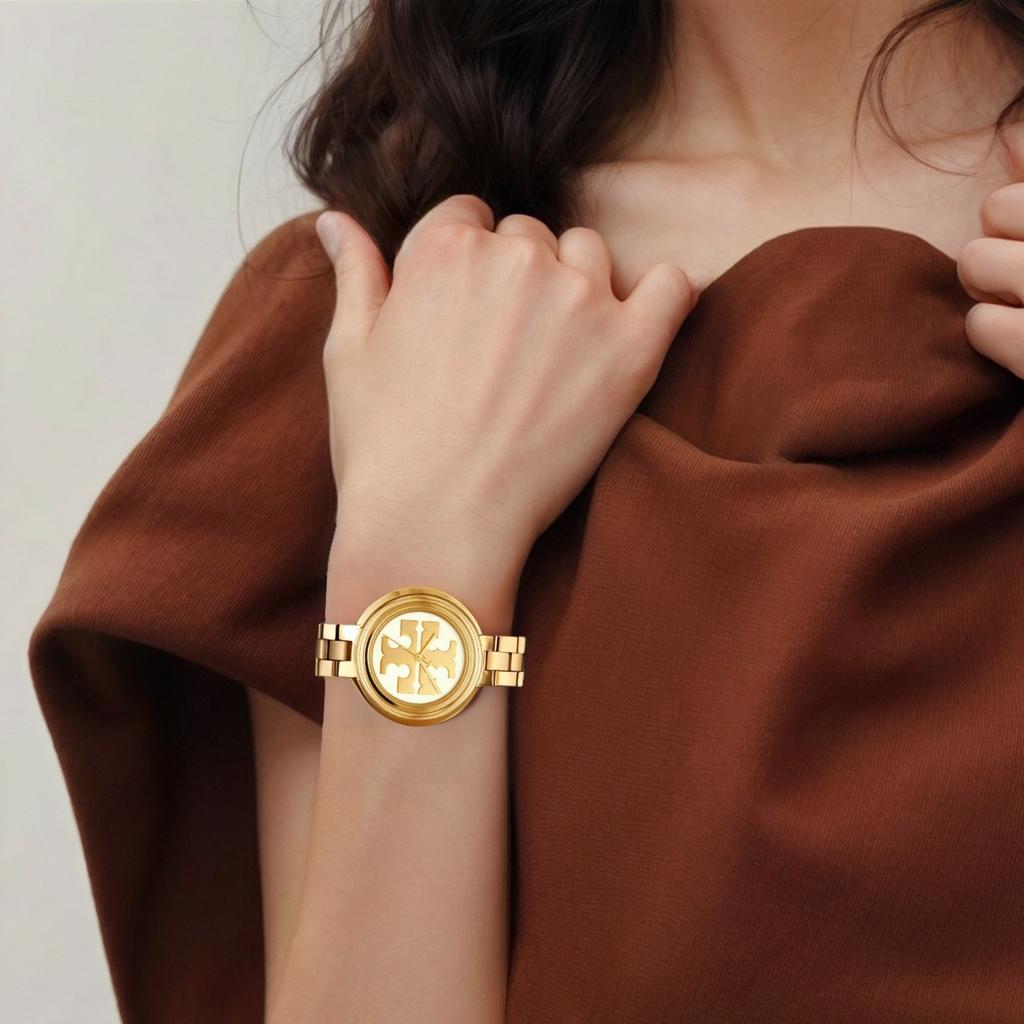 Tory Burch Quartz Watch Stainless Steel Band 36Mm Gold Dial 30M Water Resistant Women Watches TBW6208