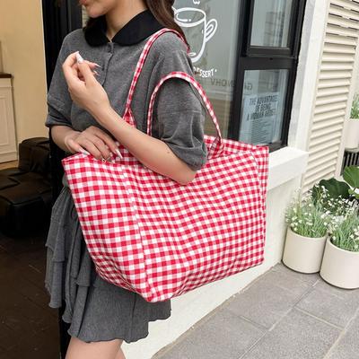 Check Lattice Tote Bag Grid Canvas Bag Fashion Red Plaid Shoulder Bag  Streetwear