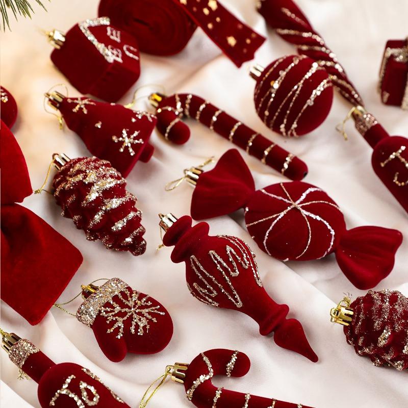 Light Luxury Flocking Burgundy Christmas Pendant Sticky Powder Gold Powder Special-shaped Pendant Light Luxury Decoration Pendant Arrangement
