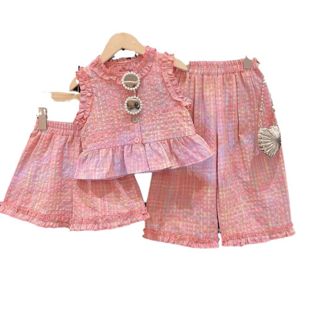 Girls' Fashionable Lace Plaid Trim Vest & Wide Leg Pants Two-Piece Summer Set