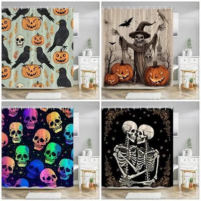 LXL01Herbst Kürbis Blume Skelett Duschvorhang Teppich Badezimmer Set Horror Künstler Zuhause Polyester Stoff Badvorhänge Bathroo6Jm%
