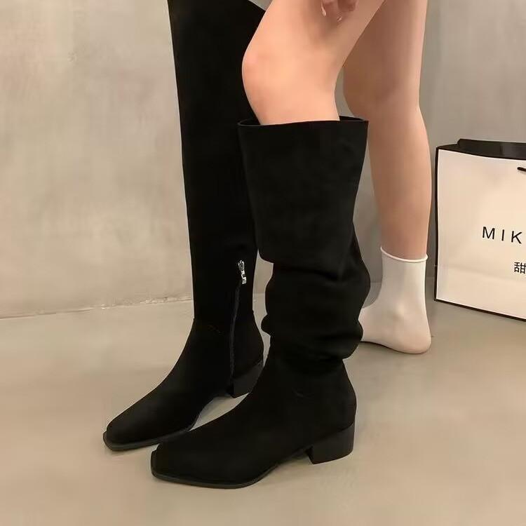 Thick High-heeled Pointed-toed Skinny Knee-length Knight Boots Women's New Spring, Autumn and Winter Khaki Stacked Retro Boots