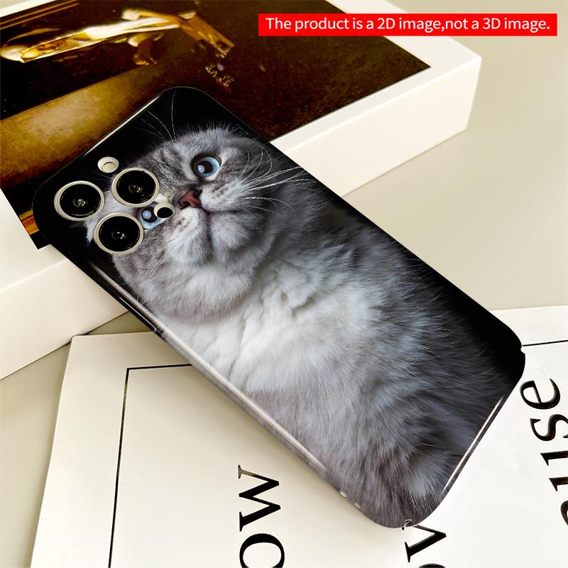 2DFlat Blue-Eyed Fluffy Cat On Black Background All Inclusive Film Hard iPhone Case, Compatible with iPhone 18 Pro Max 17 16 15 14 13 12 11