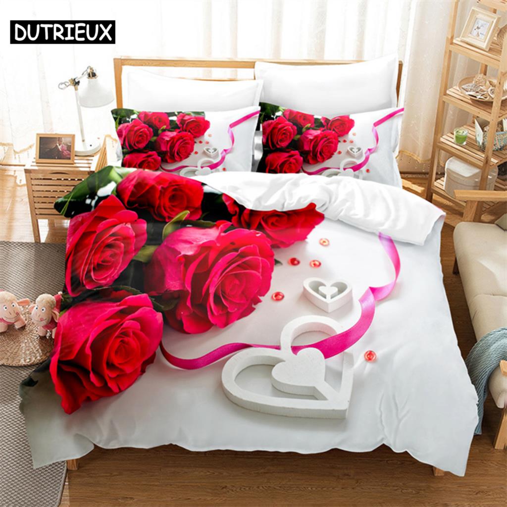 Flower Duvet Cover Set Double Bed Single Red Rose Quilt Cover Thin 3D Comforter Bedding Sets 3pcs 2Pcs King Size Full Wedding