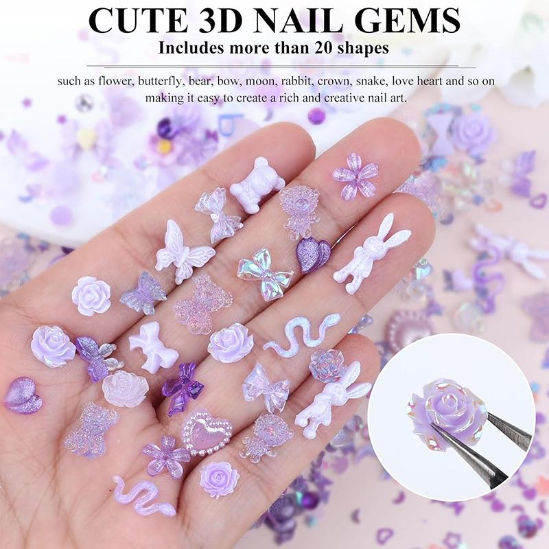 WTEMPO 200 Pieces 3D Mix Assorted Resin Nail Charms Hollow Pearl Heart Nail Art Charms Gems Gummy Bear Star Heart Flowers Acrylic Beads