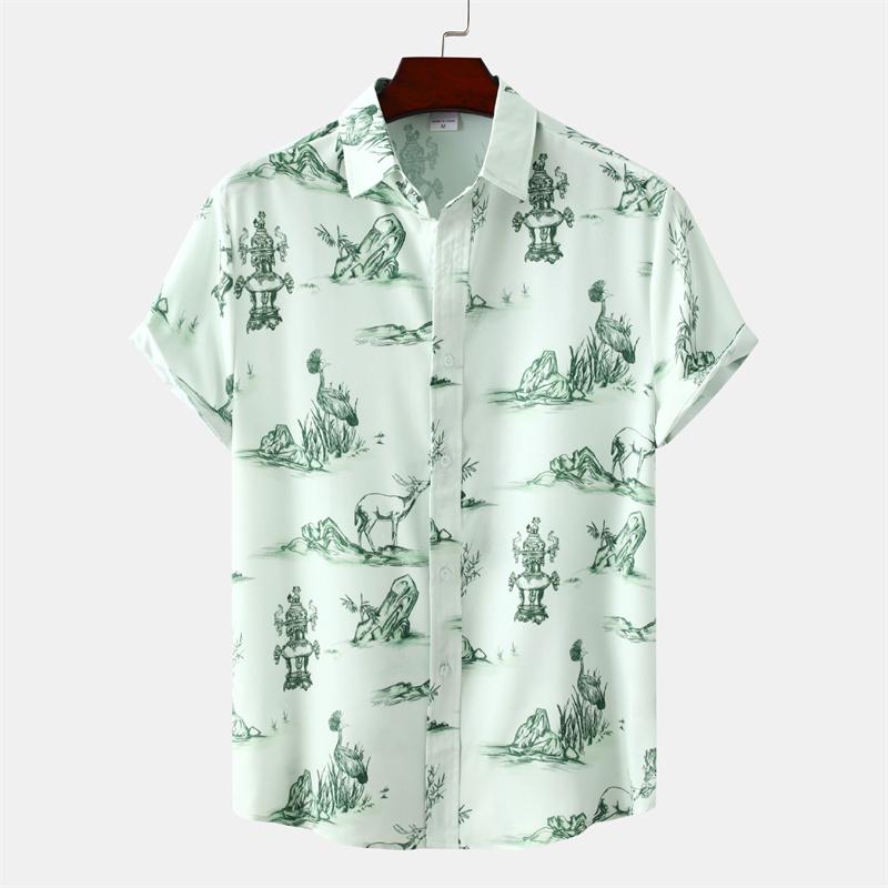 Hawaiian Shirt Men Summer Short Sleeves Tops Beach Street Lapel Blouse Male Clothes
