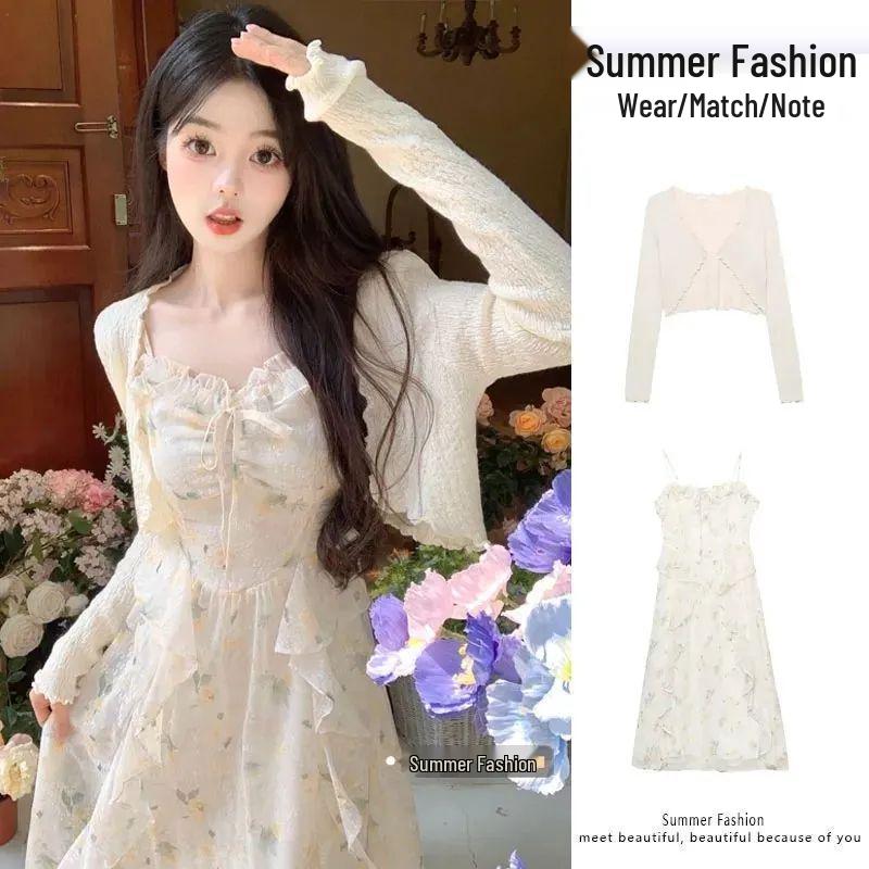 Women s Summer Two-Piece: Sun Protection Chiffon Ruffle Cardigan & Floral Sling Dress (2026) S (for 80-95 lbs)