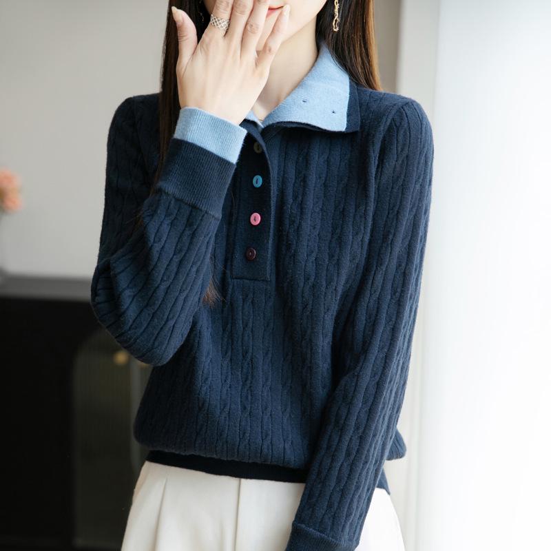 High-End Women's Retro Cable Knit Sweater: Two-Piece, Half-Open Collar, Korean Style, Autumn/Winter Slimming Knitwear