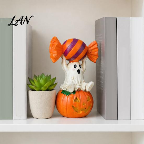 Whimsical Ghost Statue Halloween Figurine, Cute Sitting on Pumpkin Holding Candy Souvenir Gift Statue, Spooky Resin Table Ornament for Indoor