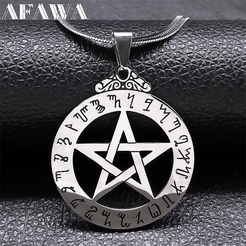 Witch Pentagram Necklace for Women Men Stainless Steel Silver Color Wicca Pagan Star Pentacle Alphabet Necklace Jewelry Bijoux