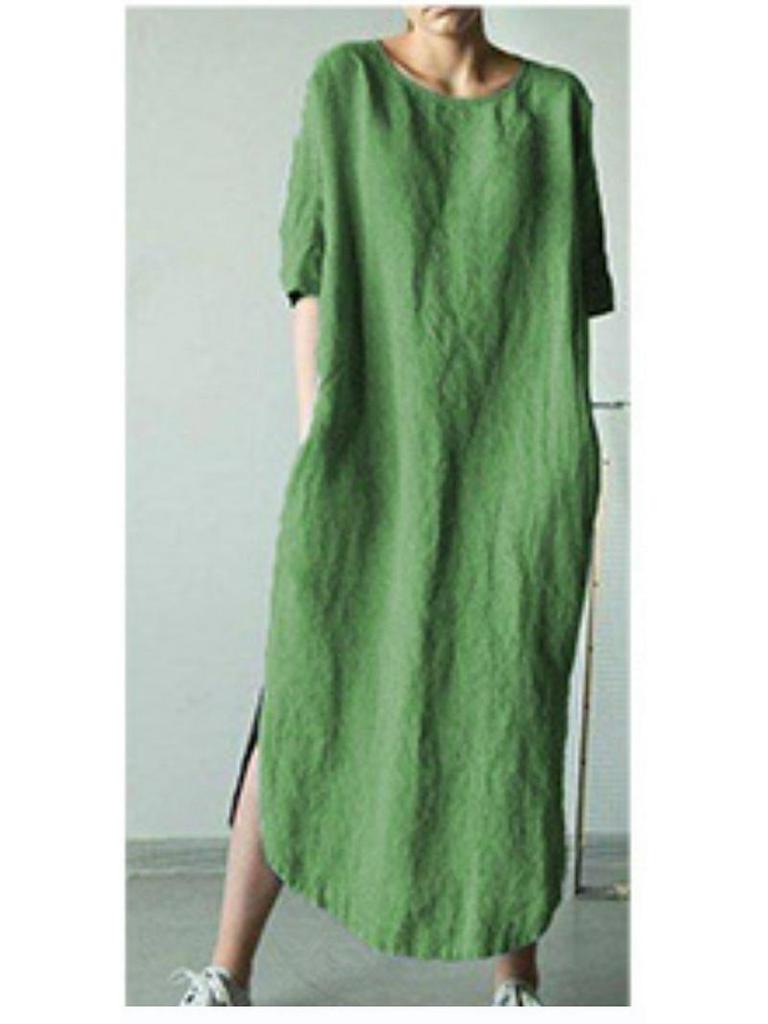 2024 Solid Color Crew Neck Side Slit Mid-Calf Dress with Short Sleeves