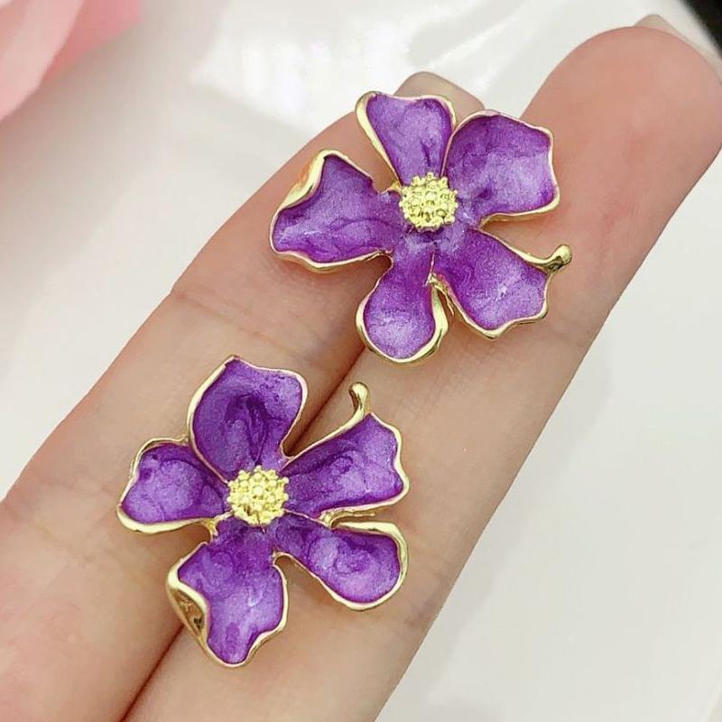 Sweet Flower Stud Earrings for Women Purple Enamel Oil Curled Petals Stud Earrings Wedding Party Trendy Cute Zircon Girls Gift