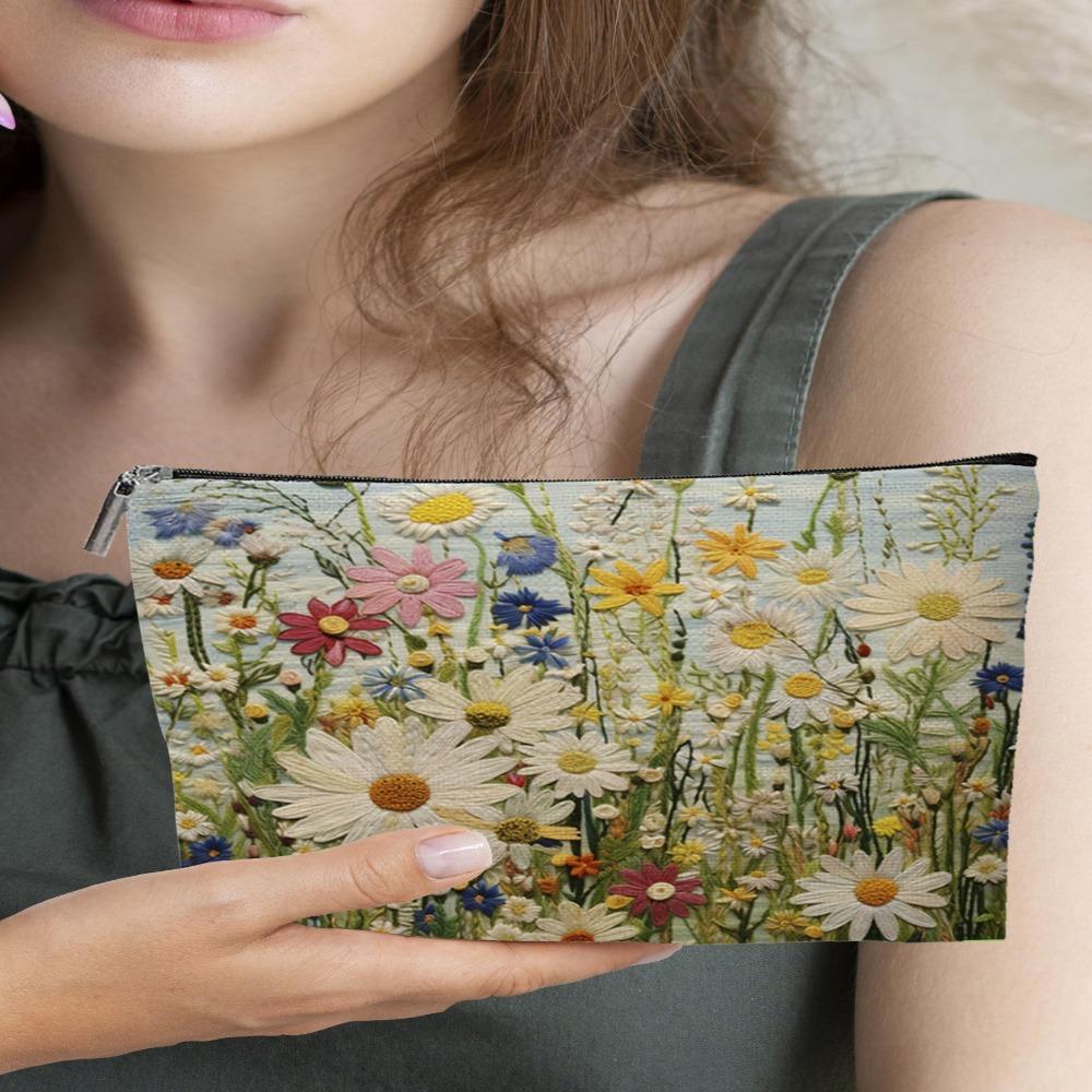 Lightweight Portable Women Makeup Pouch Large Capacity Double-sided Printed Handbag Floral Cosmetic Storage Bag